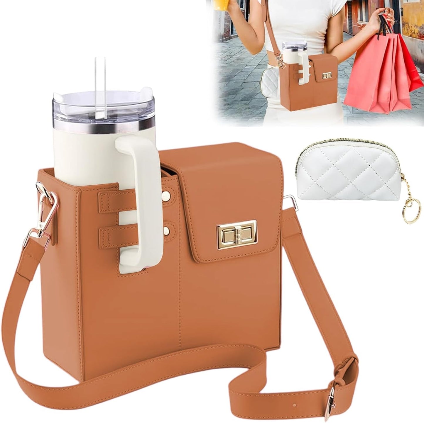 PU Leather Water Bottle Holder Tote Bag