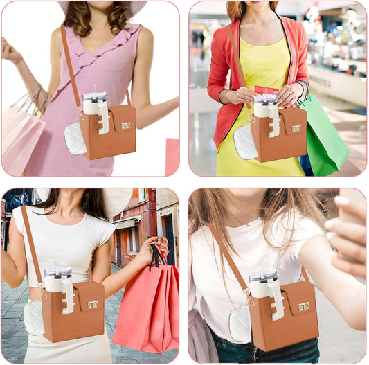 PU Leather Water Bottle Holder Tote Bag